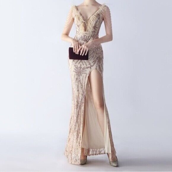 Gold, Geo Print, Ostrich Feather V Neck, Beaded Sleeves, Sequined Mermaid Gown - Picture 8 of 14